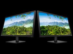 two computer monitors side by side with the same image on one screen and the other showing an island in the background