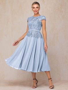 Sky_Blue Cap Sleeves Dress, Mother Of The Groom Dress, Dresses With Lace, Lace Made, Lace Neckline, Classy And Elegant, Sleeves Dress, Mother Of The Bride Dress, Capped Sleeve Dress