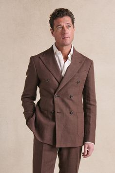 New for this season, this double-breasted jacket is crafted from 100% French linen fabric with a slightly slubby handle in a tobacco brown hue. It’s unlined and features patch pockets and a soft shoulder construction for all-day, relaxed comfort. Wear with matching trousers to complete the suit. Mens Wedding Suits Groom, Double Breasted Suit Men Brown, Suits Men Brown, Double Breasted Linen Suit, Dark Brown Wedding Suit, Wedding Suits Groom Brown, Chocolate Brown Suits For Men, Brown Linen Suit Men, Brown Double Breasted Suit