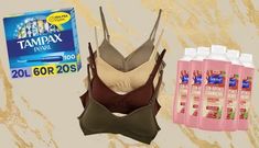 three women's bras and two bottles of tampax