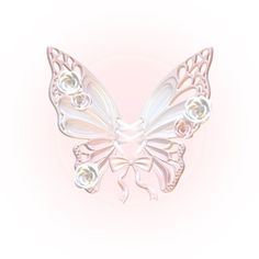 a white butterfly with roses on it's wings is featured against a pale pink background