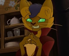 a cartoon cat with green eyes sitting on a chair in front of a book shelf