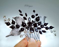 This is an elegant ''Audrey'' black crystal hair comb from our bridal accessories collection. Silver hair comb is made of black shiny beads and clear rhinestones for your most special day! Black headpiece will be a perfect addition to many festive hairstyles for the gothic wedding and any special occasion. Each branch is flexible and can be moved to your liking.  Available in silver, measures 5,31" wide by 2,36" tall (13,5x6cm). Earrings: 3" (7,5 cm) in length and they are 1,18" (3 cm) at the wi Gothic Wedding Hair, Dark Silver Jewelry, Diamond Headpiece, Black Headpiece, Gothic Hair, Black Crystal Earrings, Halloween Hair Clips, Silver Hair Comb, Gothic Hairstyles