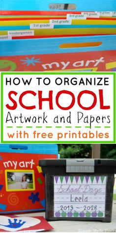 an organized school artwork and paper box with free printables for kids to make