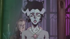 an animated image of a woman with horns on her head looking at the camera while standing in front of a mirror