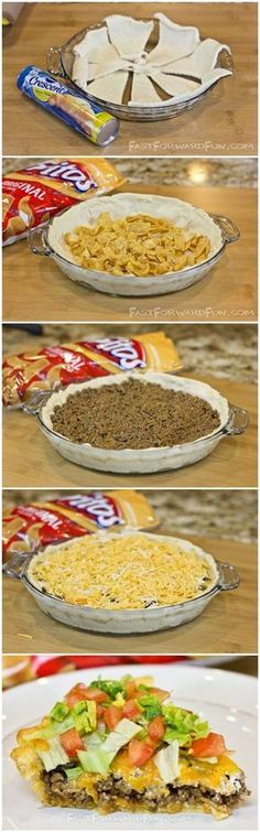 three pictures showing different types of food in pie pans and on the same plate