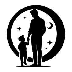 a man holding the hand of a small child in front of a moon and stars