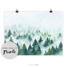 a poster with the words high quality prints in front of a foggy forest scene