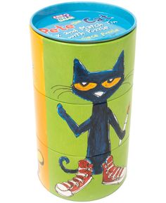 a green tin with a black cat on it's lid and an orange bottom