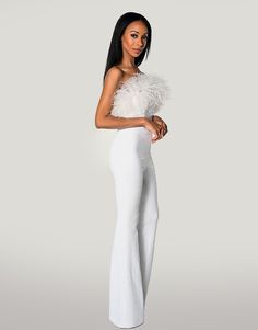 Maia White Strapless Jumpsuit with Ostrich Feathers | Debbie Carroll Designs - Debbie Carroll Feather Jumpsuit, Ostrich Feather Trim, Wedding Jumpsuit, Custom Gown, Feather Trim, Ostrich Feather, Strapless Jumpsuit, Bridal Inspo, White Feathers