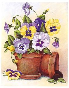 a painting of pansies in a pot with leaves and flowers on the ground next to it