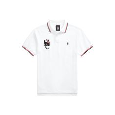 This Custom Slim Fit Polo shirt commemorates the Summer Olympic and Paralympic Games returning to the US in 2028. It’s embroidered with the Paralympic Agitos and an “LA28” graphic inspired by the iconic Ralph Lauren P-Wing symbol from the ’90s marking the first time in Olympic and Paralympic history where the Games emblem is reimagined by Ralph Lauren. White Sporty Polo Shirt With Embroidered Logo, White Short Sleeve Top With Logo Patch, Sporty Short Sleeve Polo Shirt With Embroidered Logo, White Polo Collar T-shirt With Embroidered Logo, Streetwear Polo Collar Top With Embroidered Logo, White Sports Top With Embroidered Logo, Ralph Lauren White Tops With Graphic Print, Ralph Lauren White Top With Graphic Print, White Sports Tops With Embroidered Logo