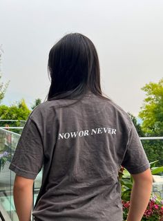 *CHRISTMAS ORDERS - Orders placed after Dec 5 will not have guaranteed arrival by Christmas - please message me if you have more questions. A 'Now or Never' tee to remind you to stop waiting for the right time! With a small and minimalistic exclamation on the front, the phrase on the back ties it all in. We use a high quality vinyl that is hand pressed into the fabric. This shirt will outstand many washes! CARE INSTRUCTIONS - Machine wash cold - Wash inside out - Hang to dry All packaging is eco-friendly and 100% recycled. Unisex Letter Print T-shirt For Everyday, Urban Slogan Tops For Everyday Wear, Unisex Tops With Letter Print For Everyday, Gray Letter Print T-shirt, Everyday Graphic Tee With Back Print, Grunge T-shirt With Letter Print For Everyday, Waiting For The Right Time, Stop Waiting, Now Or Never