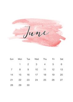 a calendar with the word june written in black and pink ink on a white background