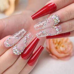 PRICES MAY VARY. Long Lasting ✿ Luxury red heart press on nails rhinestones is very securely and sturdy.When worn correctly,red long coffin fake nails can last for weeks. Unique Design ✿ Luxury red heart press on nails are all derived from manicurists.When you attend dating,party,prom,wedding,your press on fake nails will always be unique. Wear Comfortable ✿ Luxury red heart press on nails are made of friendly acrylic and ABS,the long coffin nails are thick,soft and fit,and they are comfortable to wear. Nice Gift ✿ Luxury red heart press on nails rhinestones long coffin can be used as gifts on thanksgiving,valentine's day to your friends,sisters,girlfriend. Easy To Use ✿ Luxury red heart press on nails rhinestones include 24pc nails,1 mini file,1 manicure stick,1 adhesive tab,you only need Clear Fake Nails, Nails Rhinestones, Fashion Accessories Photography, Nails For Women, Coffin Nails Long, Nail Accessories, Rhinestone Nails, Blue Ombre, False Nails