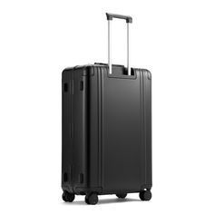 a black suitcase with wheels and handle is shown on a white background in this image