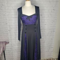 Dressfo Long Sleeve Lace Detailed Dress In Black & Purple New With Tags. Never Worn. No Smoke Or Pets. Armpit To Armpit (Laying Flat): 16" Shoulder To Hem: 45" Polyester/Machine Washable Please Note: The Color Is Purple Even Though The Photo Makes It Look Blue. Tds223 Purple A-line Dress For Night Out, Purple Stretch Midi Dress, Gothic Purple Party Dress, Purple Gothic Party Dress, Purple Stretch Midi Dress For Evening, Stretch Purple Midi Dress For Evening, Purple Fitted A-line Midi Dress, Purple Fitted A-line Dress, Purple A-line Fitted Dress