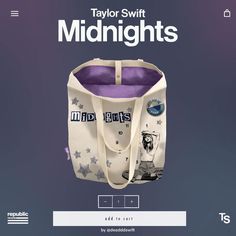 an advertisement for taylor swift's midnights tote bag is shown on the screen