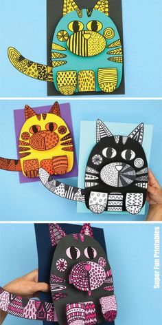 three different pictures of cats made out of paper