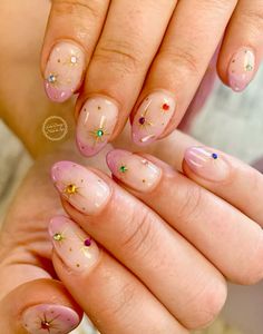 Colourful nail inspo with pink or substitute with any color to create the perfect colorful french tip, add crystals for extra pop of colour | Disclaimer : image is not mine, credit goes to owner and will be in description if known Quirky French Tip Nails, Colorful Wedding Nails, Whimsical Nails Short, Short Maximalist Nails, Starburst Nails, Celestial Nail Art, Bejeweled Nails, Summer Nails 2023, Nails Art Designs