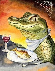 a watercolor painting of a crocodile holding a glass of wine and fish on a plate