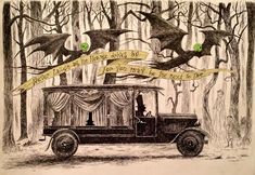 an old car is parked in the woods with bats flying above it and two people inside