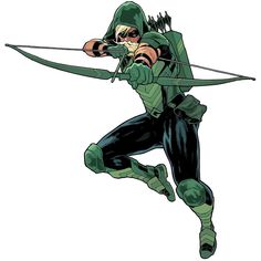 the green arrow is flying through the air with his bow and arrows in his hands