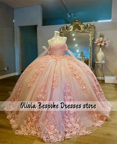 Sweet Pink Beaded Lace Applique Quinceanera Dresses With Bow Princess Ball Gown 15 Years Luxury Princess Ball Gowns, Dress Store, Quinceanera Dresses, Lace Applique, Beaded Lace, Dress With Bow, Quinceanera, Ball Gowns, Lace