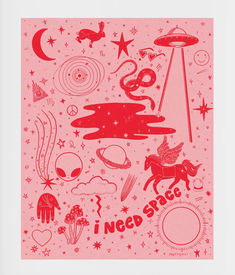 a pink poster with an image of aliens and other things in red on the bottom