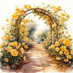 a watercolor painting of a garden with yellow roses and an arch leading into the distance