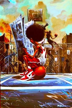 a painting of a person sitting on top of a basketball court with newspaper in hand