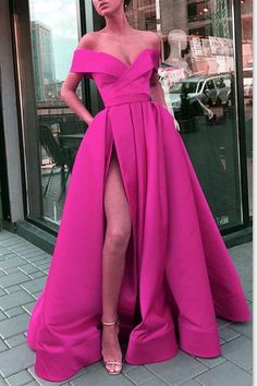 Hot Sale 2023 A Line Satin Side Slit Off Shoulder Sweetheart Fuchsia Prom Dresses Red Green Dress, Split Prom Dresses, European Dress, Prom Long, Dress Sleeve Length, Evening Dresses With Sleeves, Prom Dresses Online, Satin Prom Dress