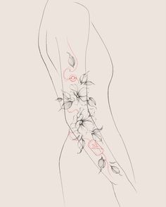 the back of a woman's body with flowers and leaves on her left side