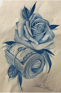 a drawing of a rose on top of a stack of money and a roll of paper