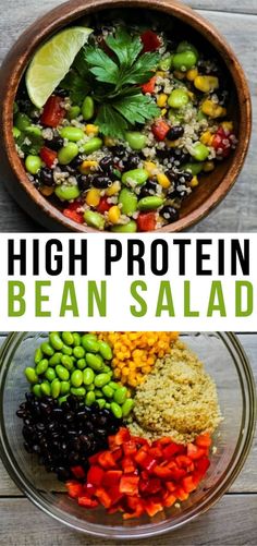 high protein bean salad in a bowl with the title above it