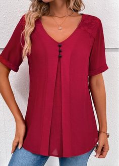 Color:Wine Red;Size:S;Size:XXL;Package Contents:1 X Blouse;Occasion:Other;Style:Casual; Short Sleeve Lace Blouse, Cotton Night Dress, Tops Sewing, Womens Henley, Plaid Shirt Women, Elegant Outfit Classy, Plain Blouse, Long Dress Casual, Lace Short