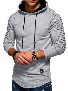 Solid Color Pleated Sleeve Long Fleece Hoodie - Light Gray - 3187558931 - Men's Clothing, Men's Hoodies & Sweatshirts  #MensHoodiesSweatshirts #Men's #Clothing # #Men's #Hoodies #& #Sweatshirts Streetwear Male, Cheap Hoodies, Pleated Sleeves, Hoodies Mens, Fashion Night, Outfits Winter, Cool Hoodies, Workout Hoodie, Drawstring Hoodie