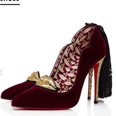 Absolutely Stunning! Limiter Edition, Sold Out Everywhere! The Heel Is Embellished With Gems, Luscious Velvet Burgundy Shoe Features Swarovski Crystal Lips! Wow! New In Box With Dusters! Size 39.5, They Run Small And Will Fit A 8.5-9 Best. Red Soul Shoes Christian Louboutin, Elegant High Heel Tassels Heels, Elegant High Heels With Tassels, Chic Evening Heels With Tassels, Elegant High Heel Fringe Heels, Elegant Party Heels With Tassels, Elegant Evening Heels With Tassels, Elegant Tasseled Heels For Evening, Elegant Fringe High Heels