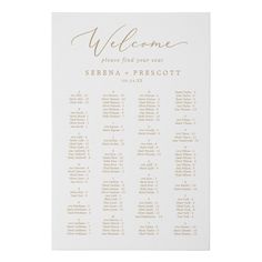 a white and gold wedding seating chart with the word welcome on it, sitting in front of a white background