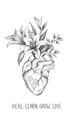 a black and white drawing of a heart with flowers in it that says heal learn grow love