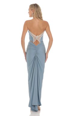 Strapless Corset Sequin Butterfly Maxi Dress in Blue Anyone But You Blue Dress, Butterfly Back Dress, Blue Butterfly Prom Dress, Haul Ideas, Butterfly Prom Dress, Graduation Dress High School, Ring Dance, Butterfly Maxi Dress, Blue Sparkly Dress