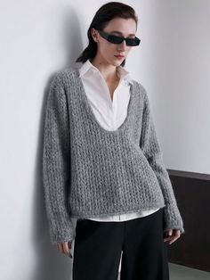 Women's Crewneck Long Sleeve Knit Sweater, 4% Alpaca Wool, Grey, Suitable For Autumn/Winter Grey Casual  Long Sleeve Knitwear Plain Pullovers Slight Stretch  Women Clothing, size features are:Bust: ,Length: ,Sleeve Length: Plus Size Cargo Pants, Oversized Knitted Sweaters, Oversize Knit, Long Sleeve Knit Sweaters, Boatneck Sweater, Warm Sweaters, Women's Shapewear, Inspiration Mode, Womens Fall