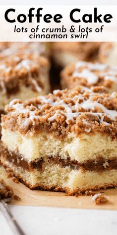 coffee cake with white icing and cinnamon crumbs on top is cut into slices