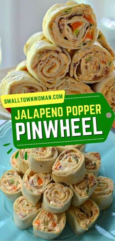 there is a pile of pinwheels on the plate with text that reads jalapeno popper pinwheel