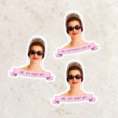 three stickers depicting the same woman wearing sunglasses and tiara, with pink ribbons around her head