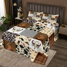 a bed with a cow theme on it