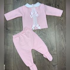 This Luxurious Baby Knitted Outfit Is Made With Comfortable And Soft Textured Material. Best Suited For Coming Home From The Hospital, Baptisms,Etc Back Bottom Top. 100% Acrylic. Pink Long Sleeve Sets For Baptism, White Cotton Coming Home Outfit Sets, Pink Long Sleeve Baptism Sets, Cotton Fitted Coming Home Outfit Sets, Elegant Baptism Set With Lace Trim, Baby Sweater And Pants Set, Pink Winter Loungewear For Babies, Baby Kids Clothes, Doll Hair