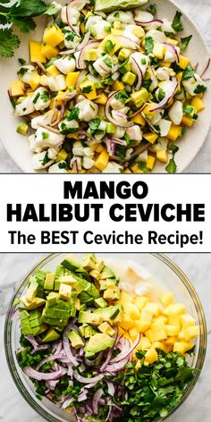 Mango Halibut Ceviche Filipino Ceviche Recipe, Ceviche Recipe With Mango, Ceviche Recipe Mango, Halibut Meal Ideas, Mahi Ceviche Recipe, Mango Appetizer Recipes, Ceviche Party Ideas, Ceviche Side Dishes, Seabass Ceviche Recipe