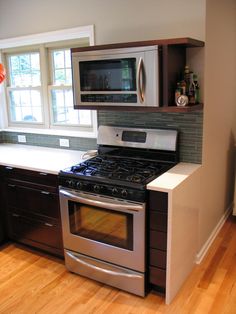 a stove top oven sitting inside of a kitchen next to a microwave above a counter