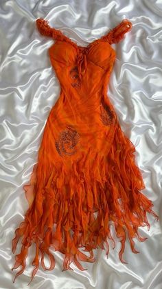 Fire Dress Aesthetic, Air Element Outfit, Fire Inspired Dress, Red And Orange Outfit, Orange Dress Aesthetic, Fire Dress, Orange Outfits, Orange Gown, One Shoulder Prom Dress